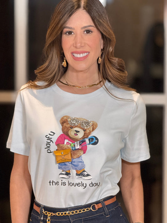 Playful Bear Pin Blue T-Shirt