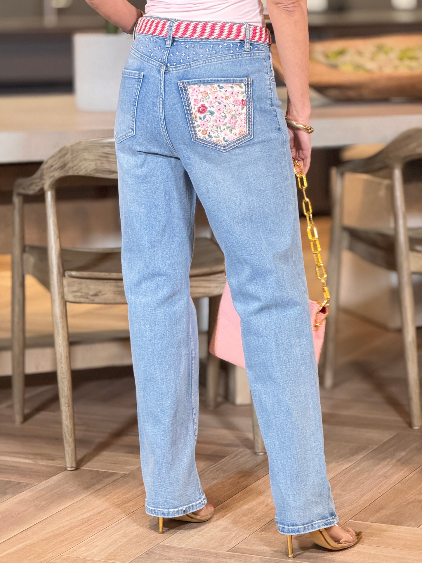 French Denim Floral Pocket+Belt Jeans