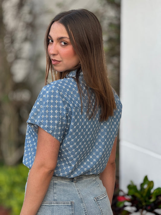Valeria Denim Embroidery+Pearls Shirt