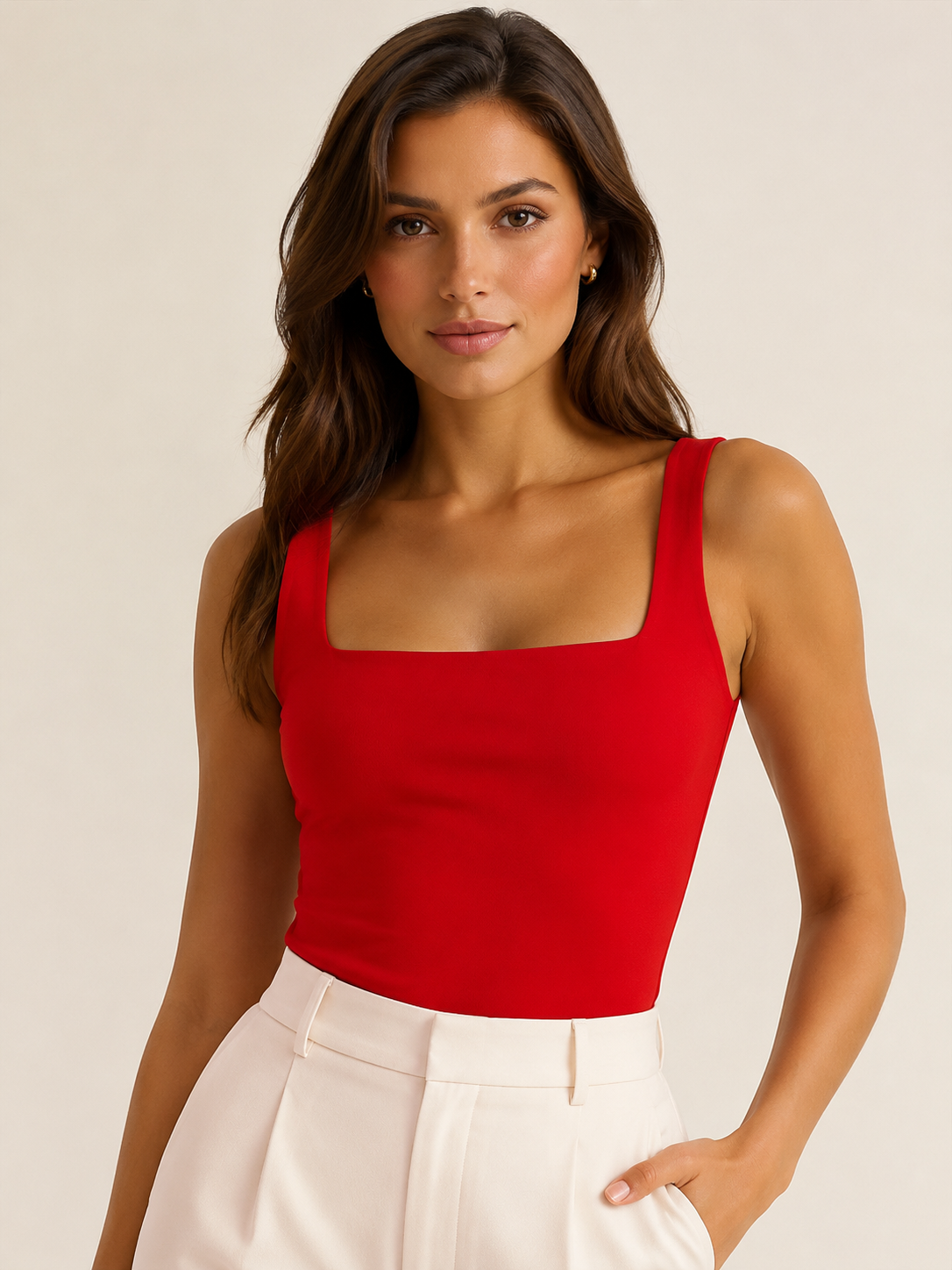 Liz Red Seamless Square Neck Basic Top