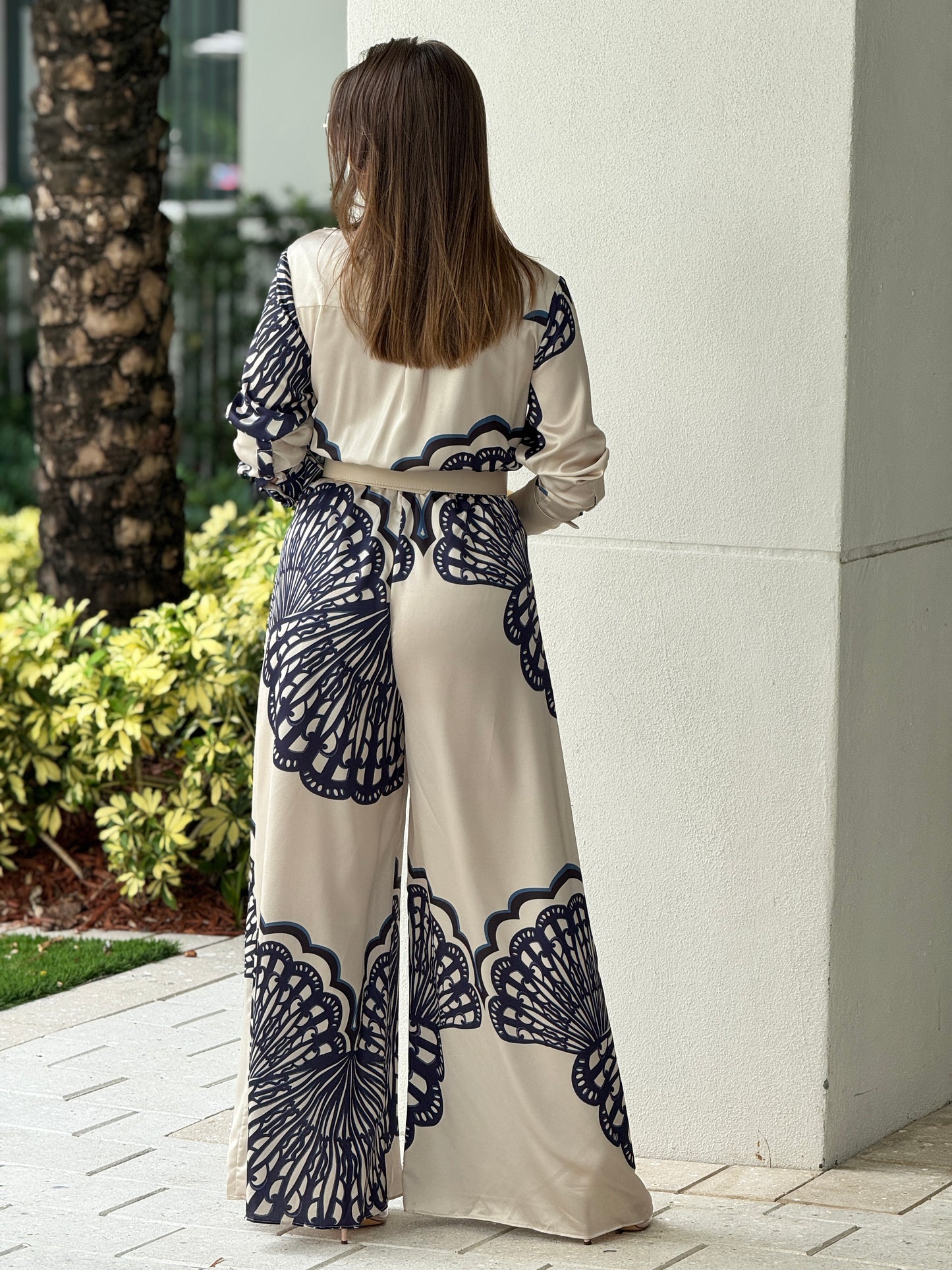 Luxxie Beige/Navy Satin Jumpsuit