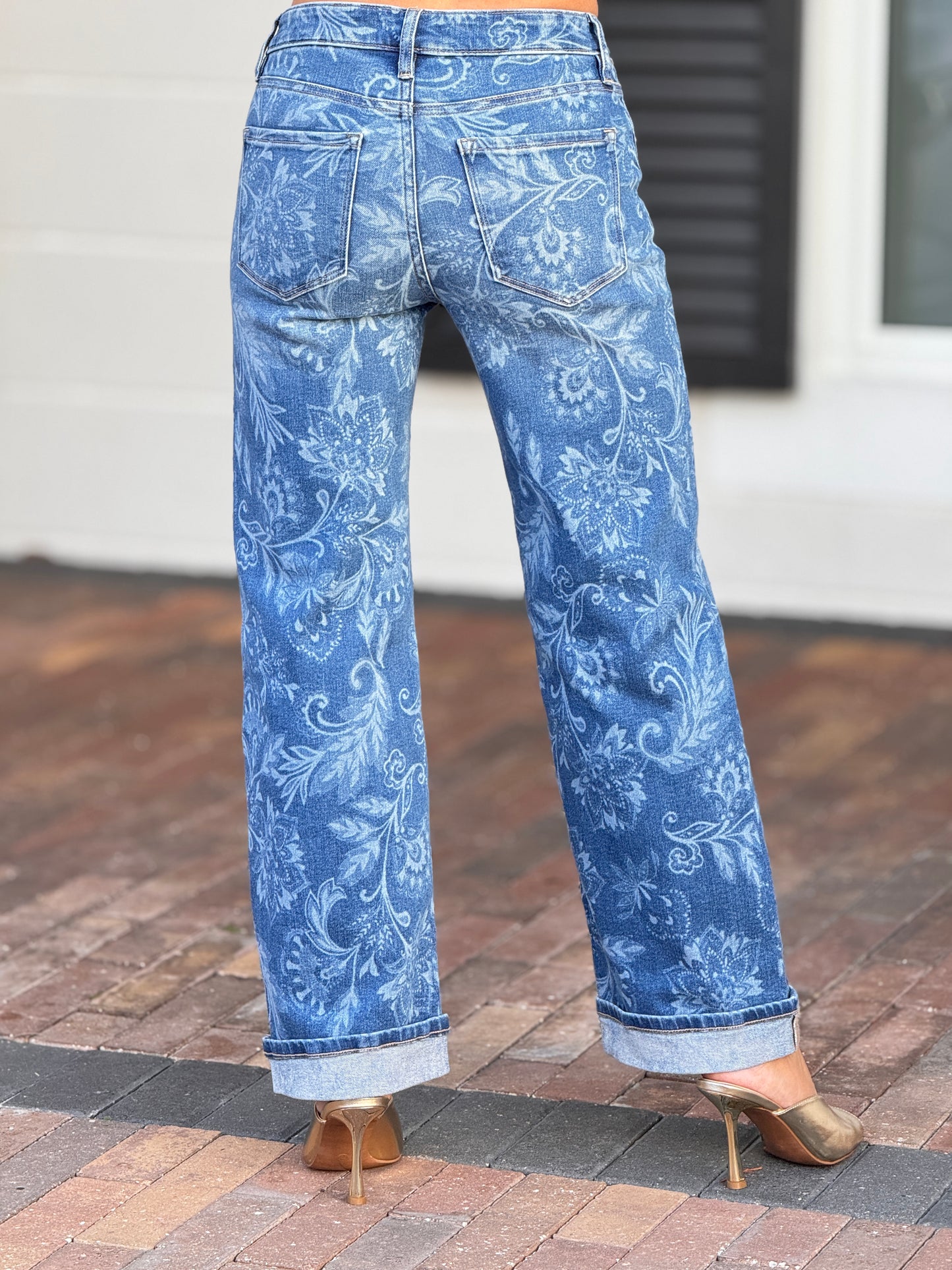 Risen Double Tone Floral Print Jeans
