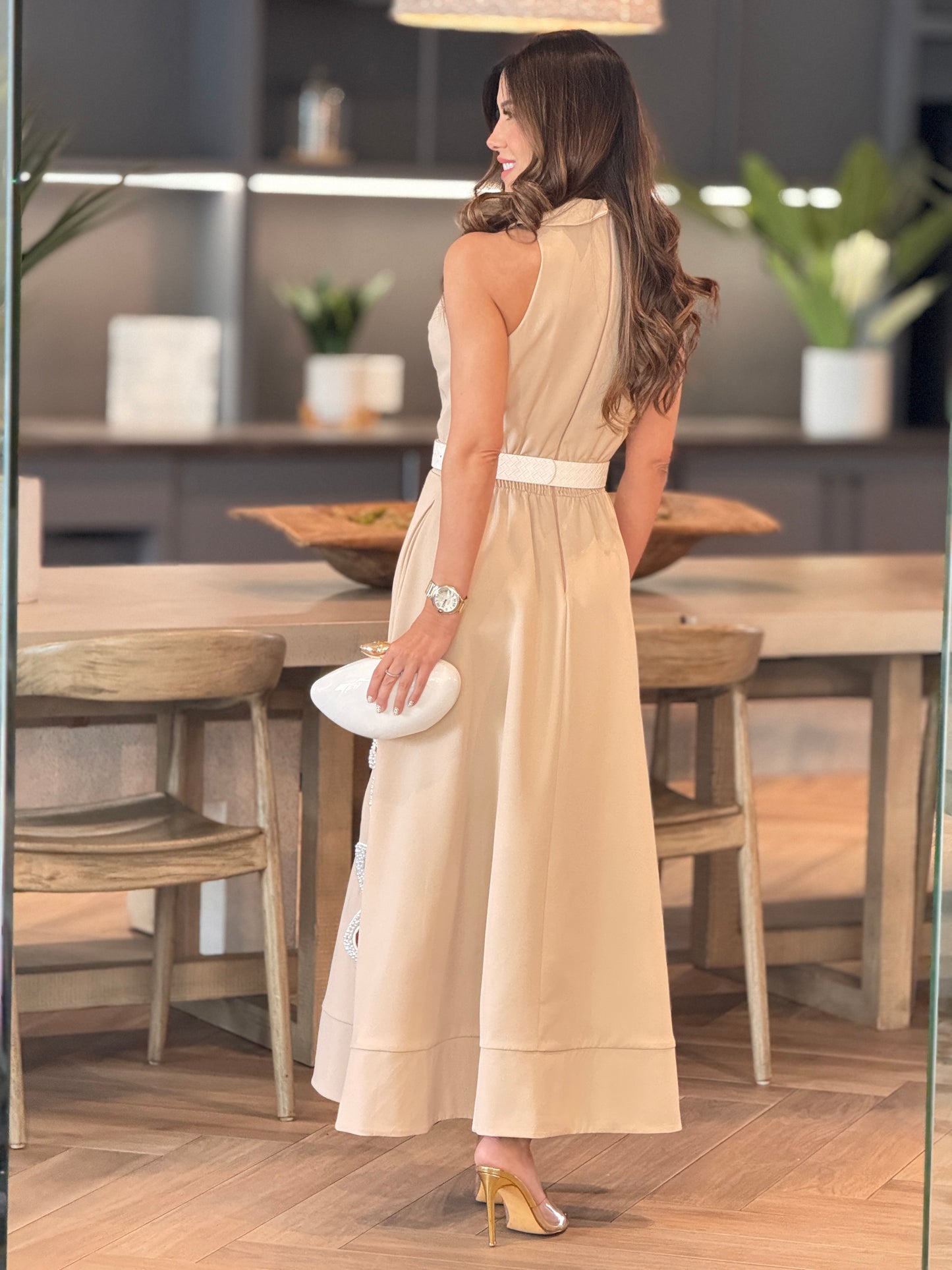 Chic Beige/Pearls Embellishment Dress