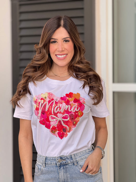 Mama Pink Heart White T-Shirt