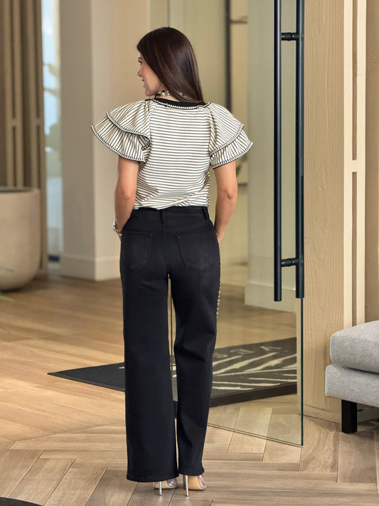 Strut Black/White Lines Ruffle Top