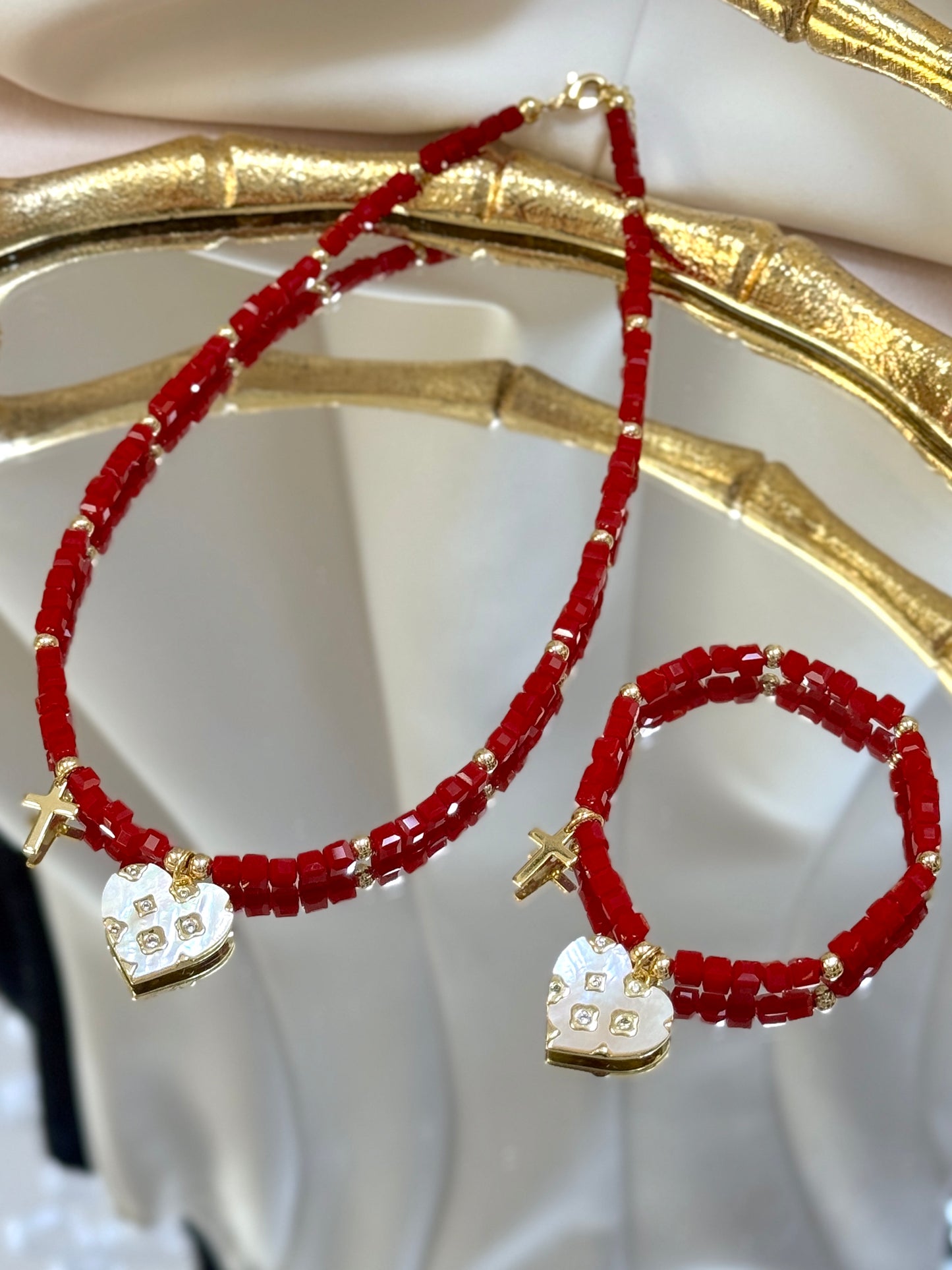 Red Heart Cross Necklace + Bracelet