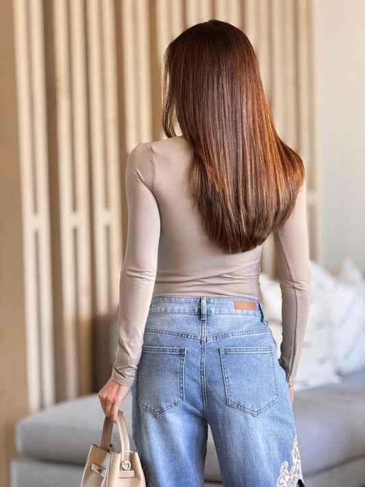 Dyna Beige V-Neck Bodysuit Top 987