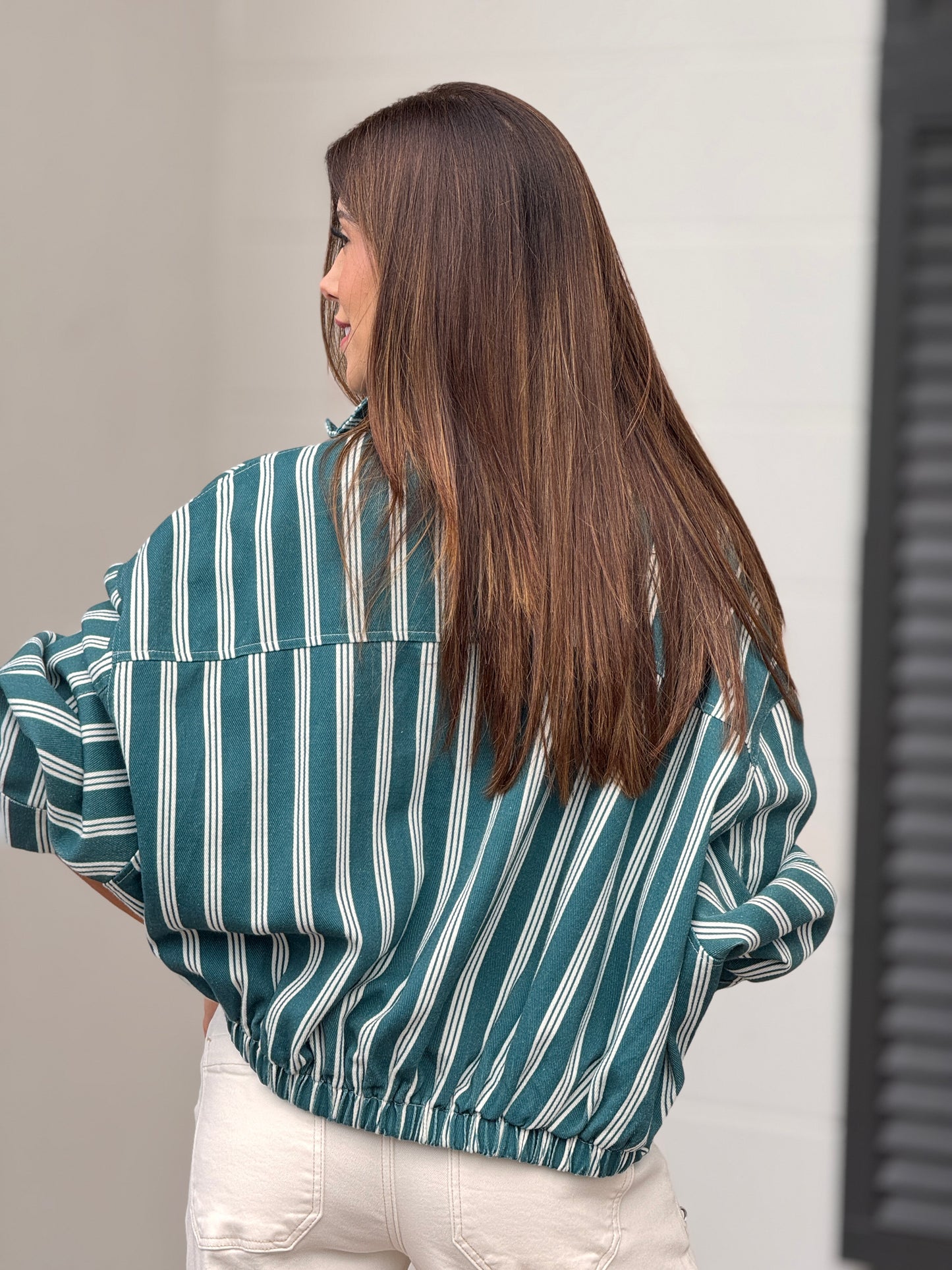 Perky Aqua Green Lines Denim Jacket Top