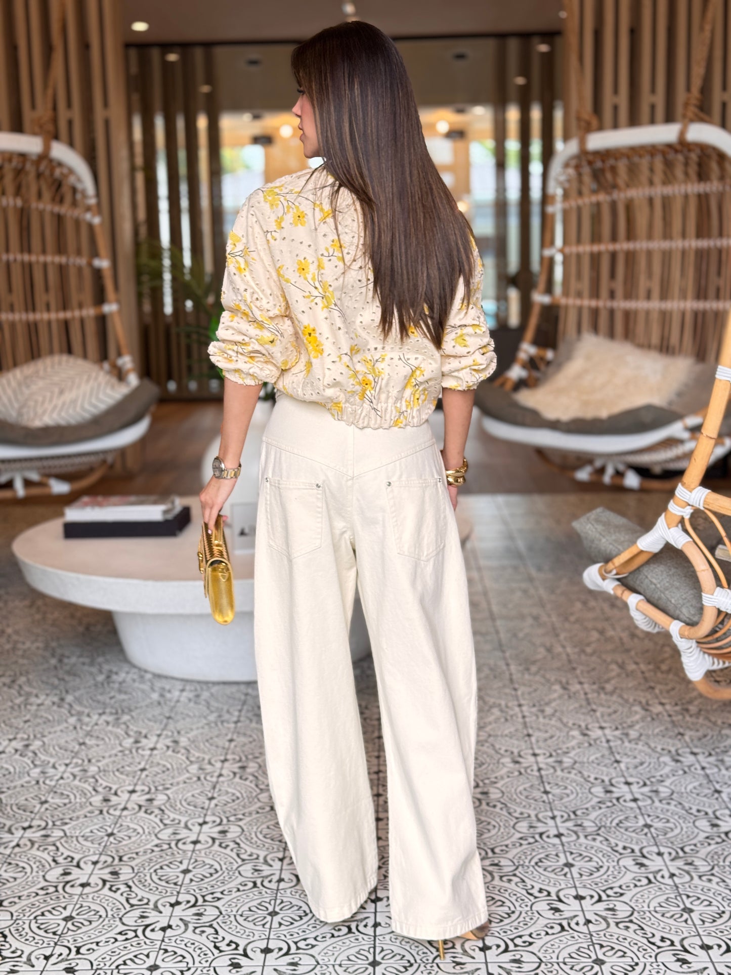 Lalavon Yellow Floral Eyelet Jacket Top