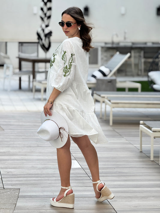 Estella White/Green embroidery Dress