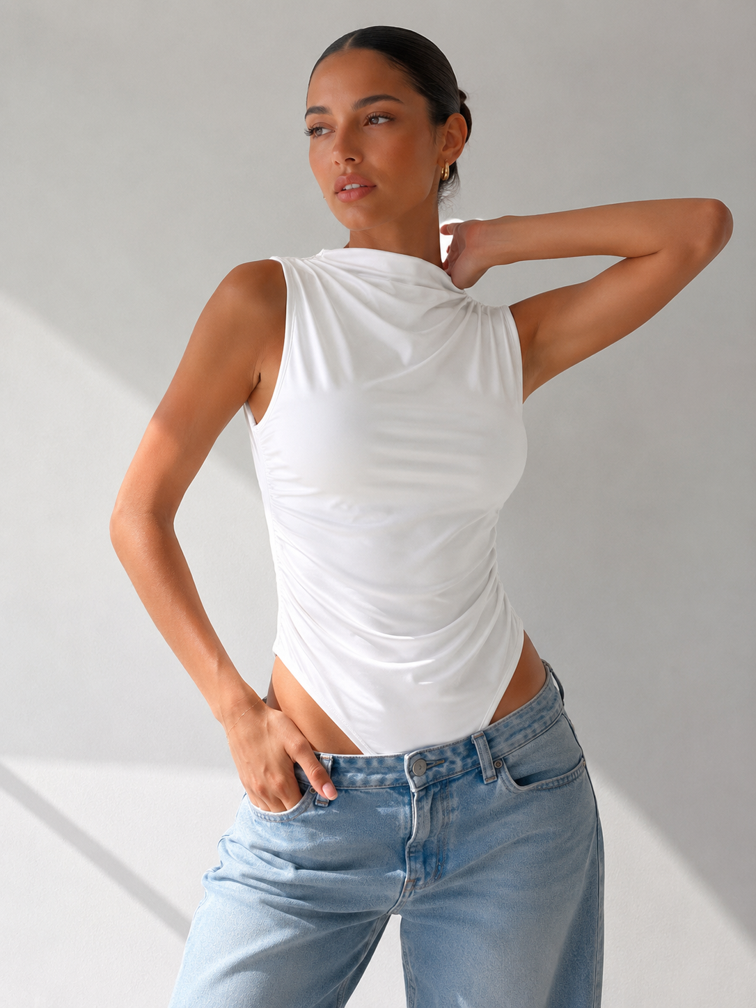 Voguish White Halter Bodysuit Top