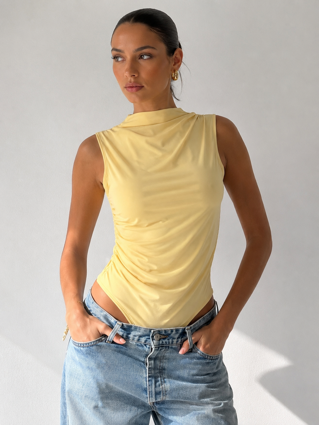 Voguish Yellow Halter Bodysuit Top