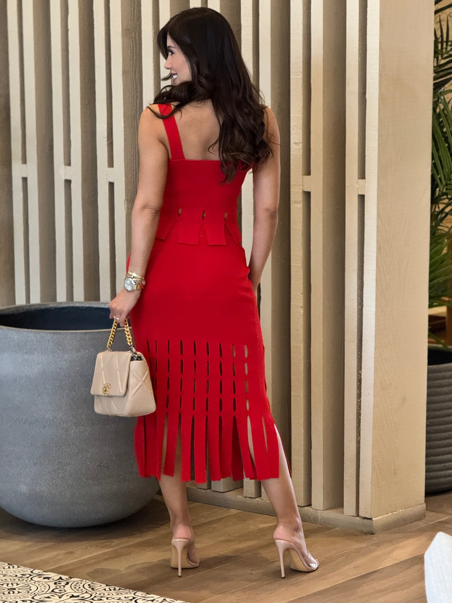 Moon Red Knitted Fringe Skirt Set