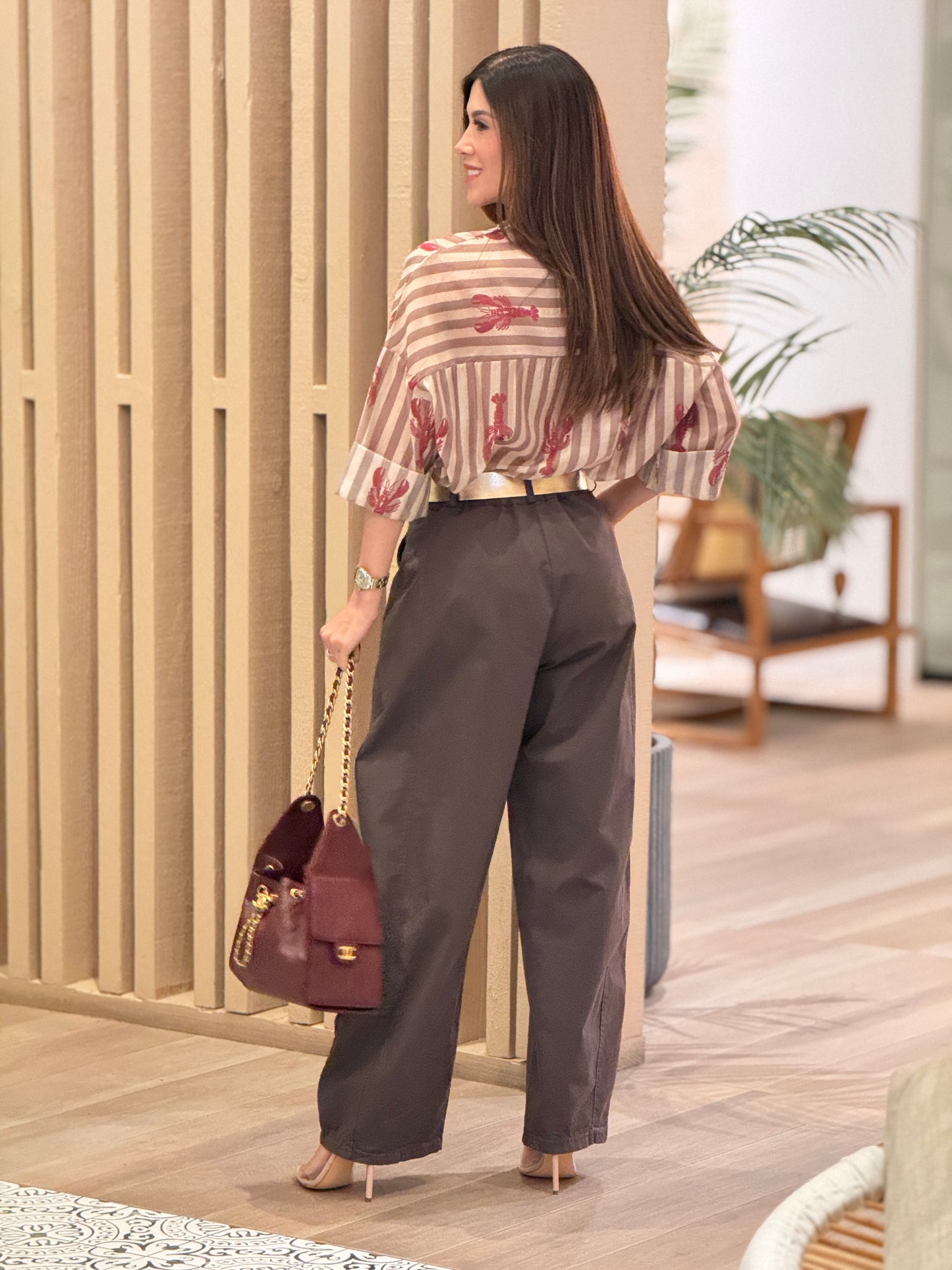 Lobster Beige Lines Mesh Top