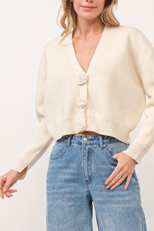 Caroline Beige 3D Flower Cardigan Top