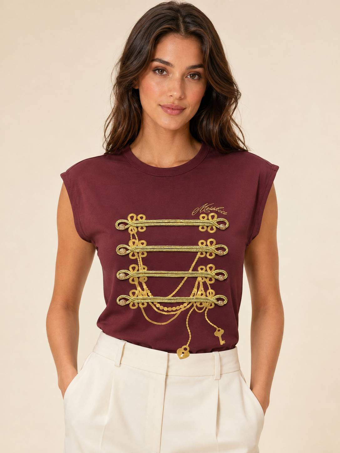 Napo Melodie Burgundy Gold Studs T-Shirt