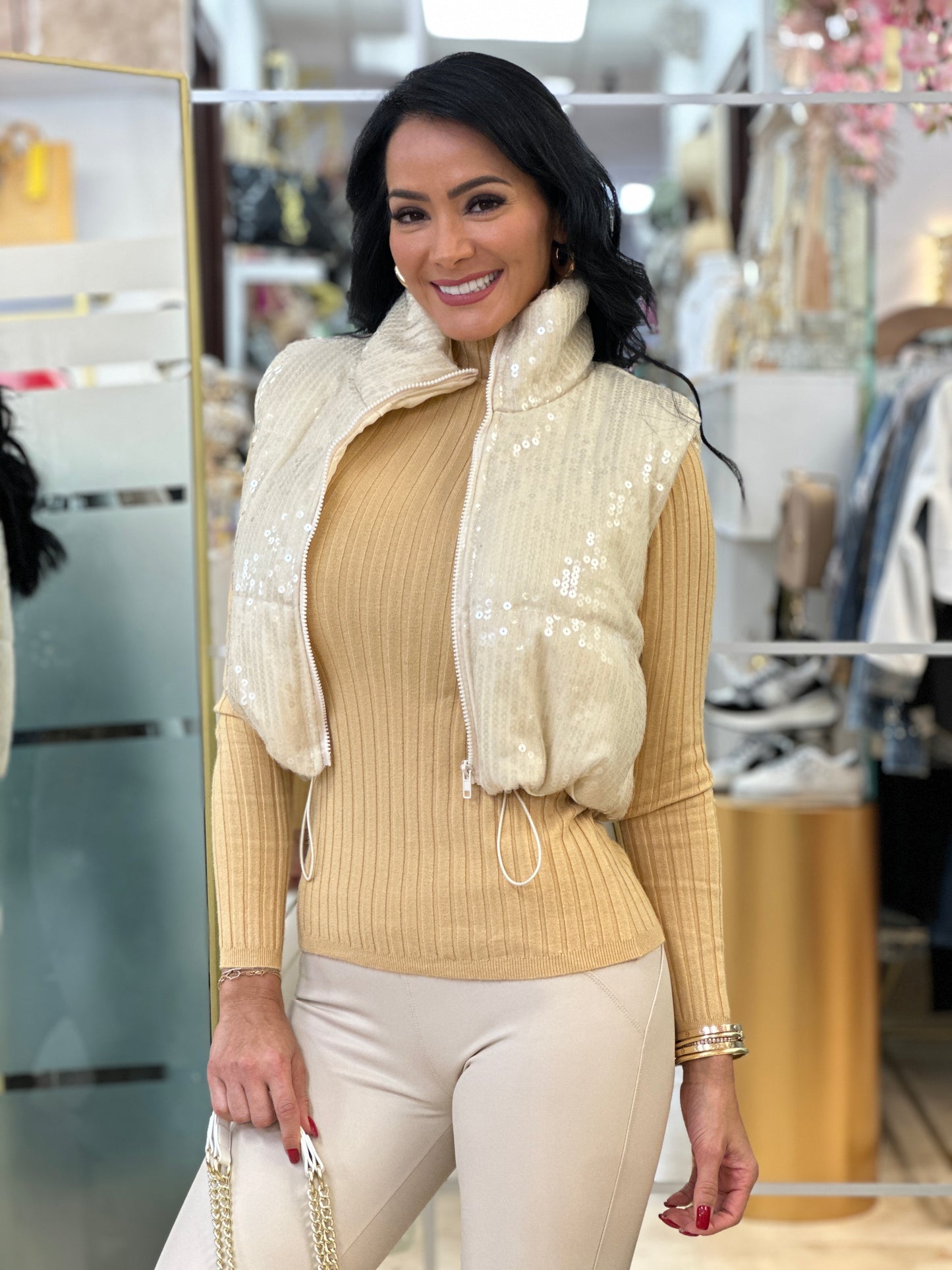 Norkys Beige Sequin Puffer Vest