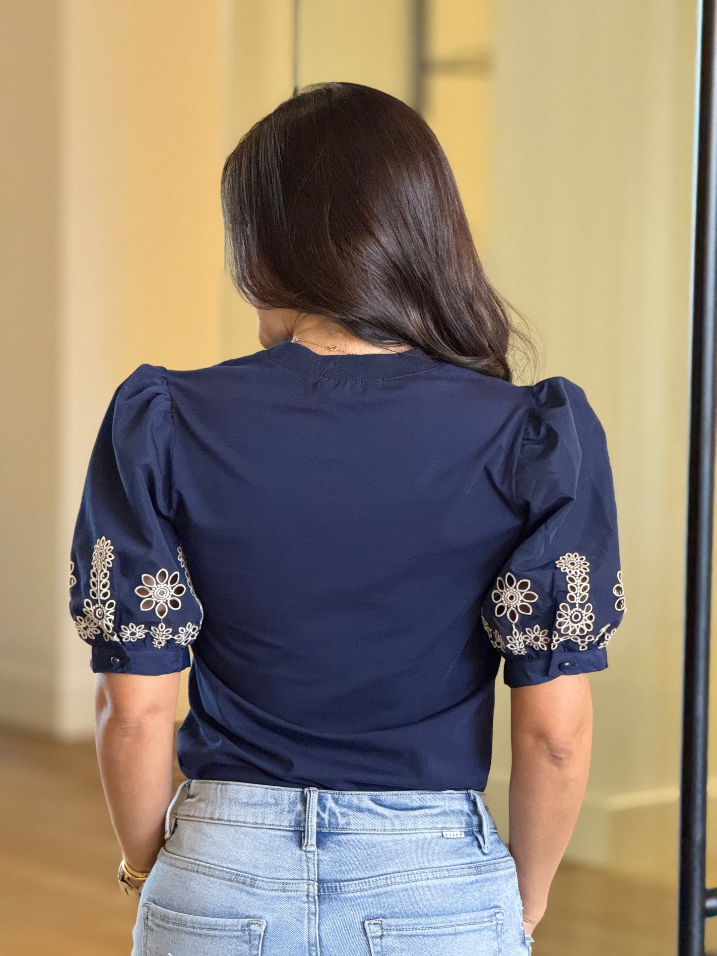 Pastel Navy Beige Embroidery T-Shirt