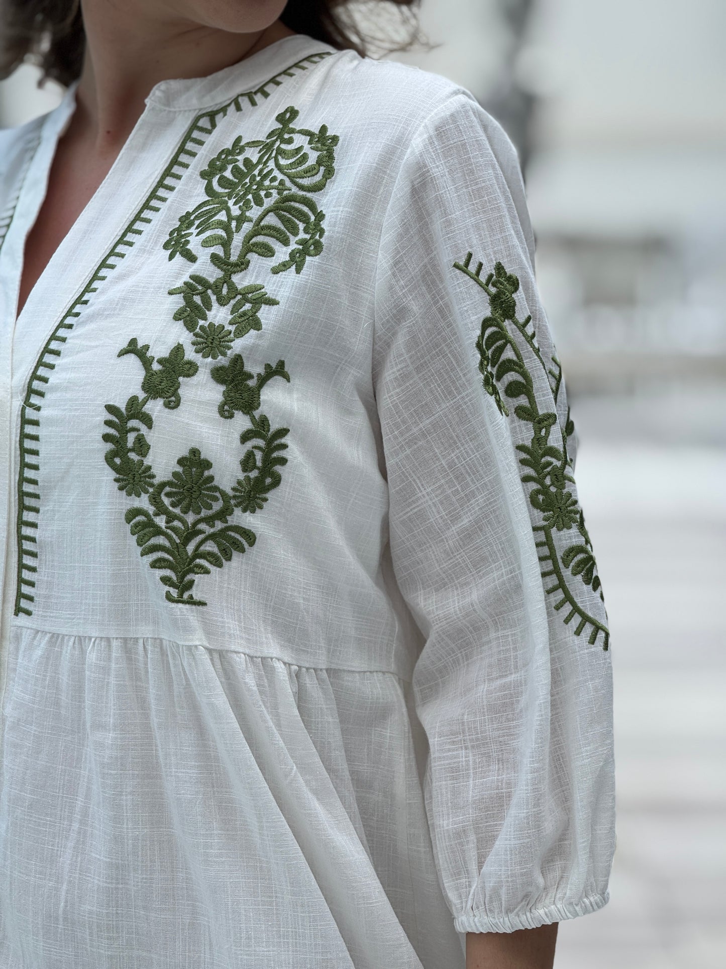 Estella White/Green embroidery Dress
