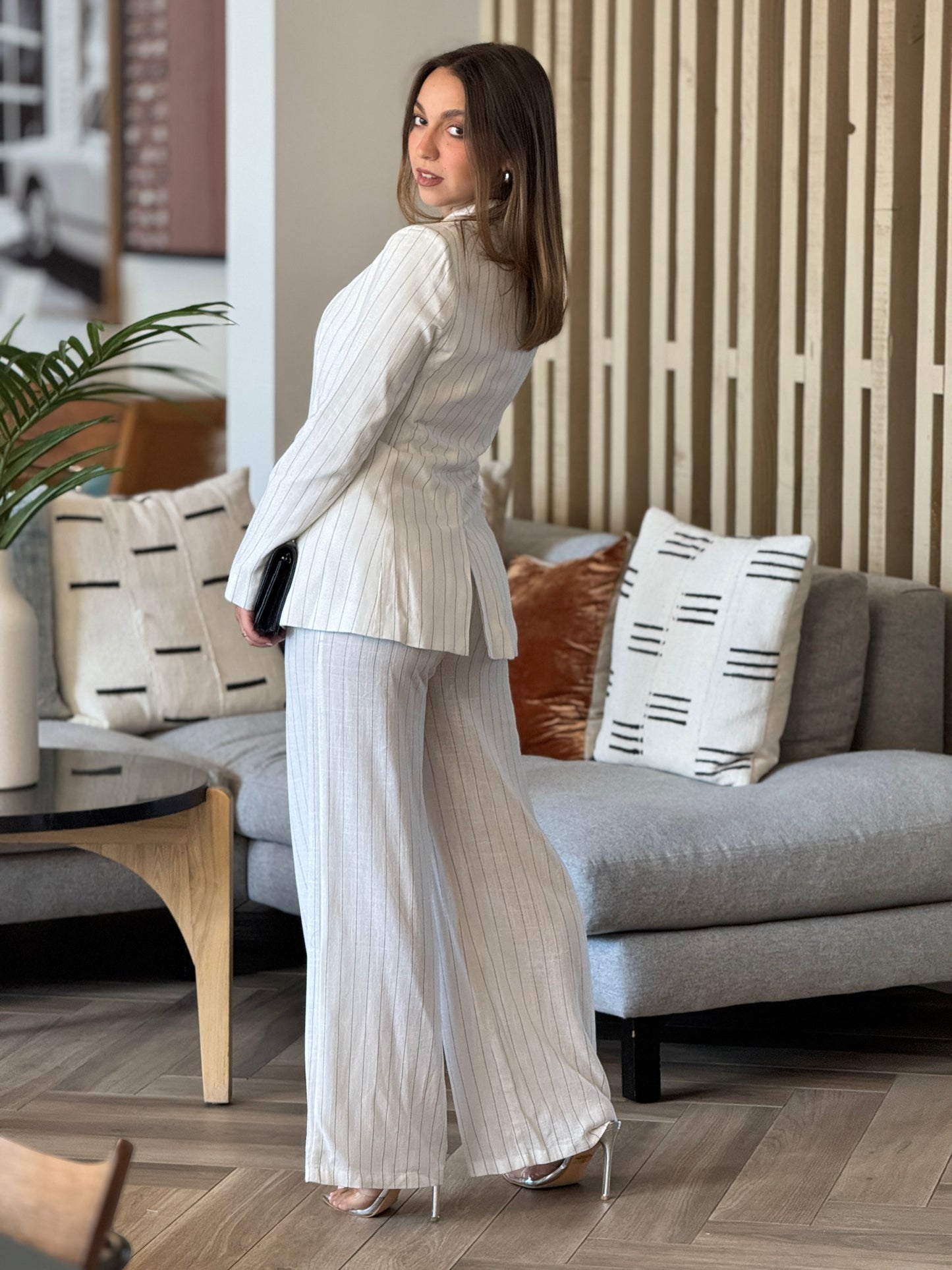 Ovianca White Lines Linen Blazer Set