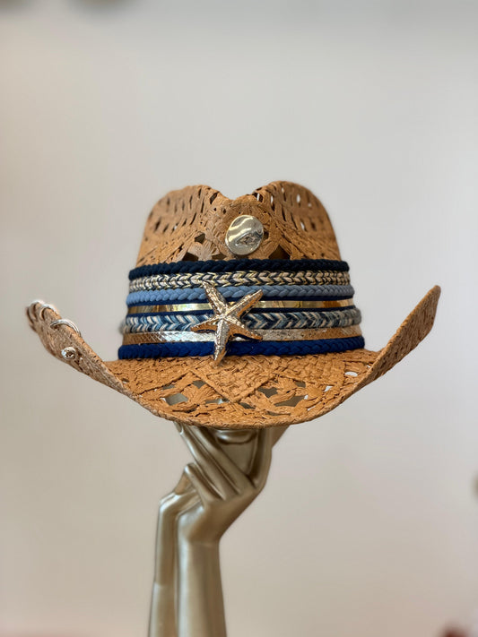 Boho Chic Tan Starfish Blue Hat