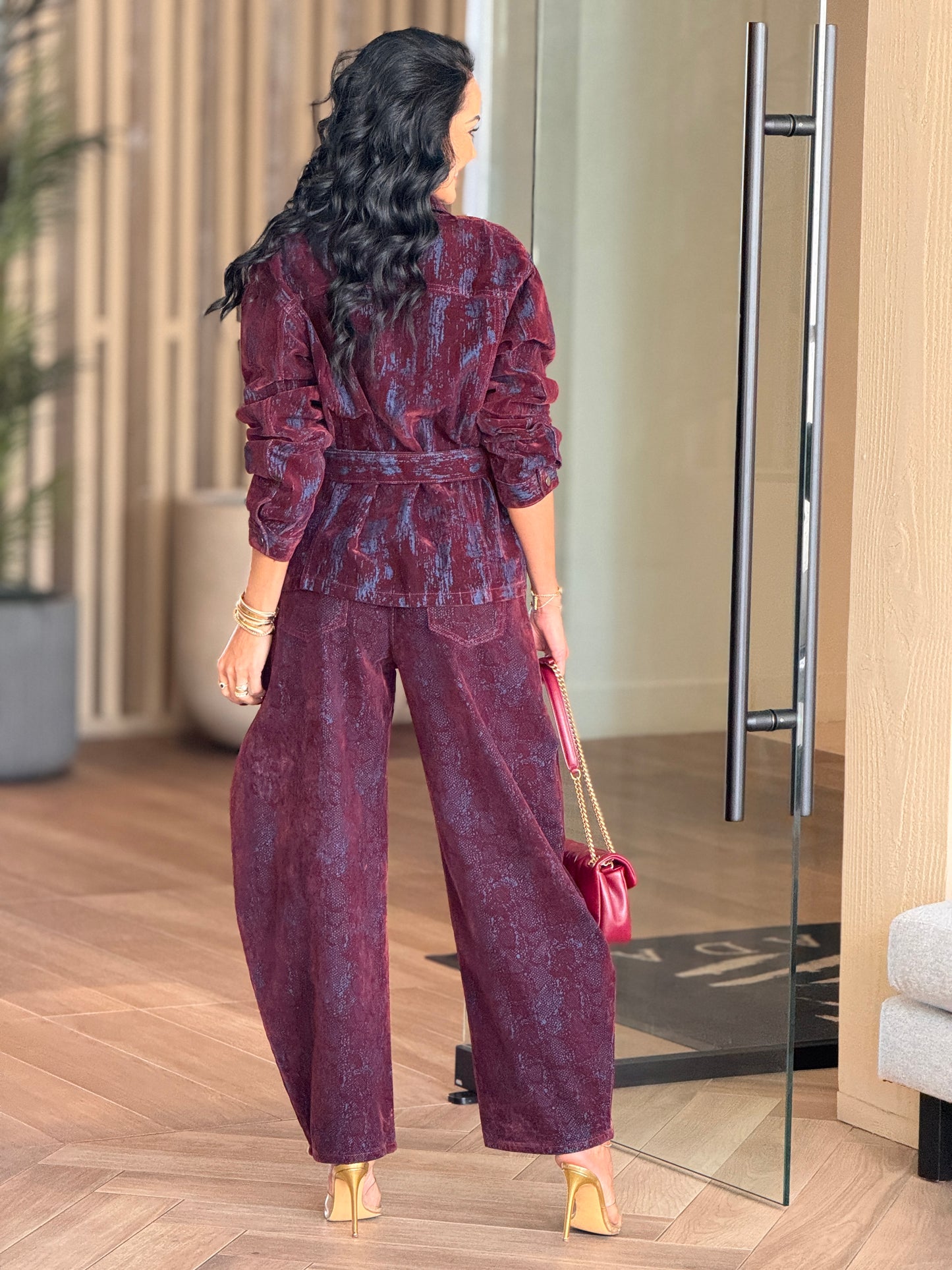 French Burgundy Snake Suede Jeans