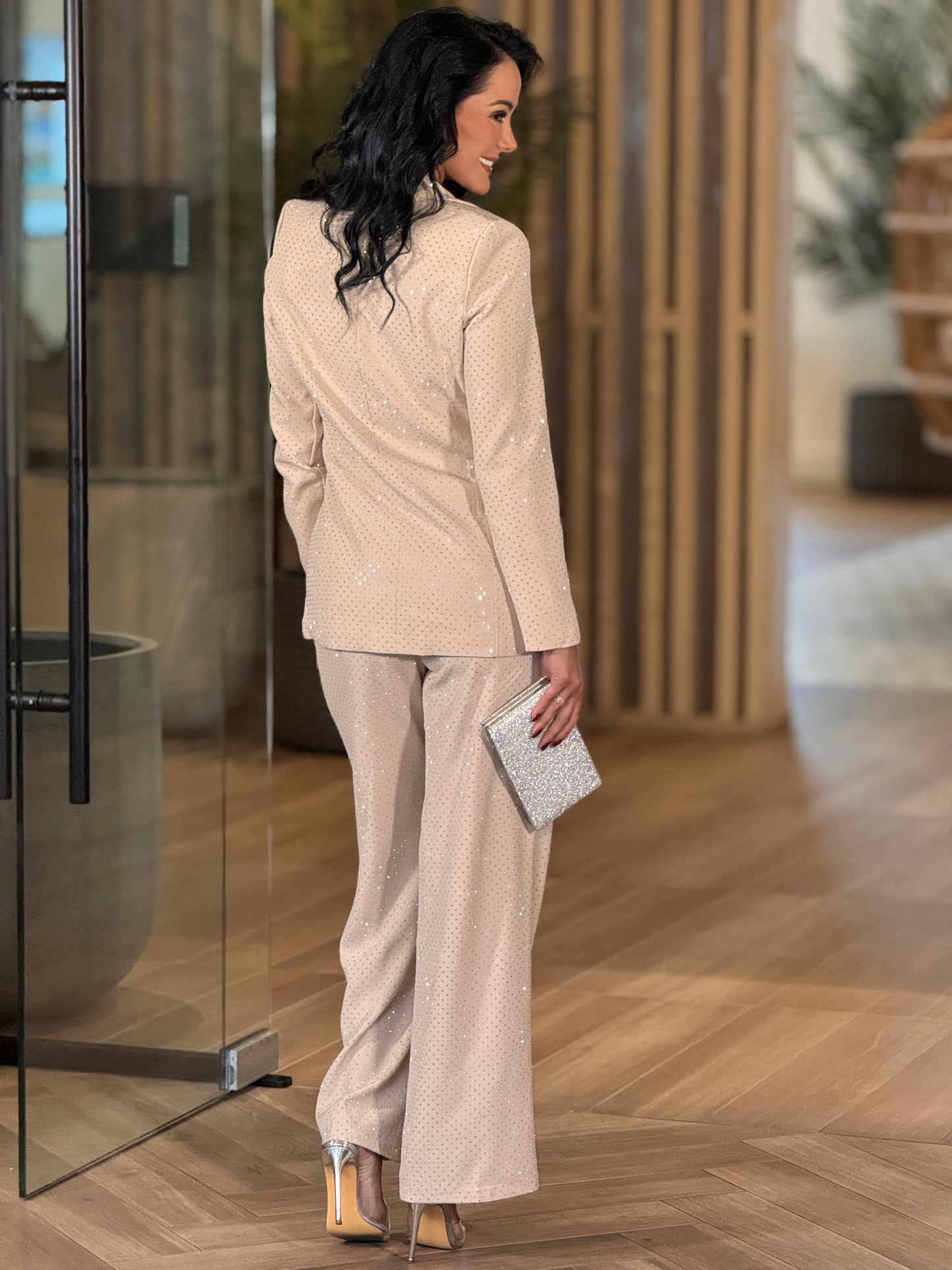 Sparkly Beige Rhinestone Blazer Set