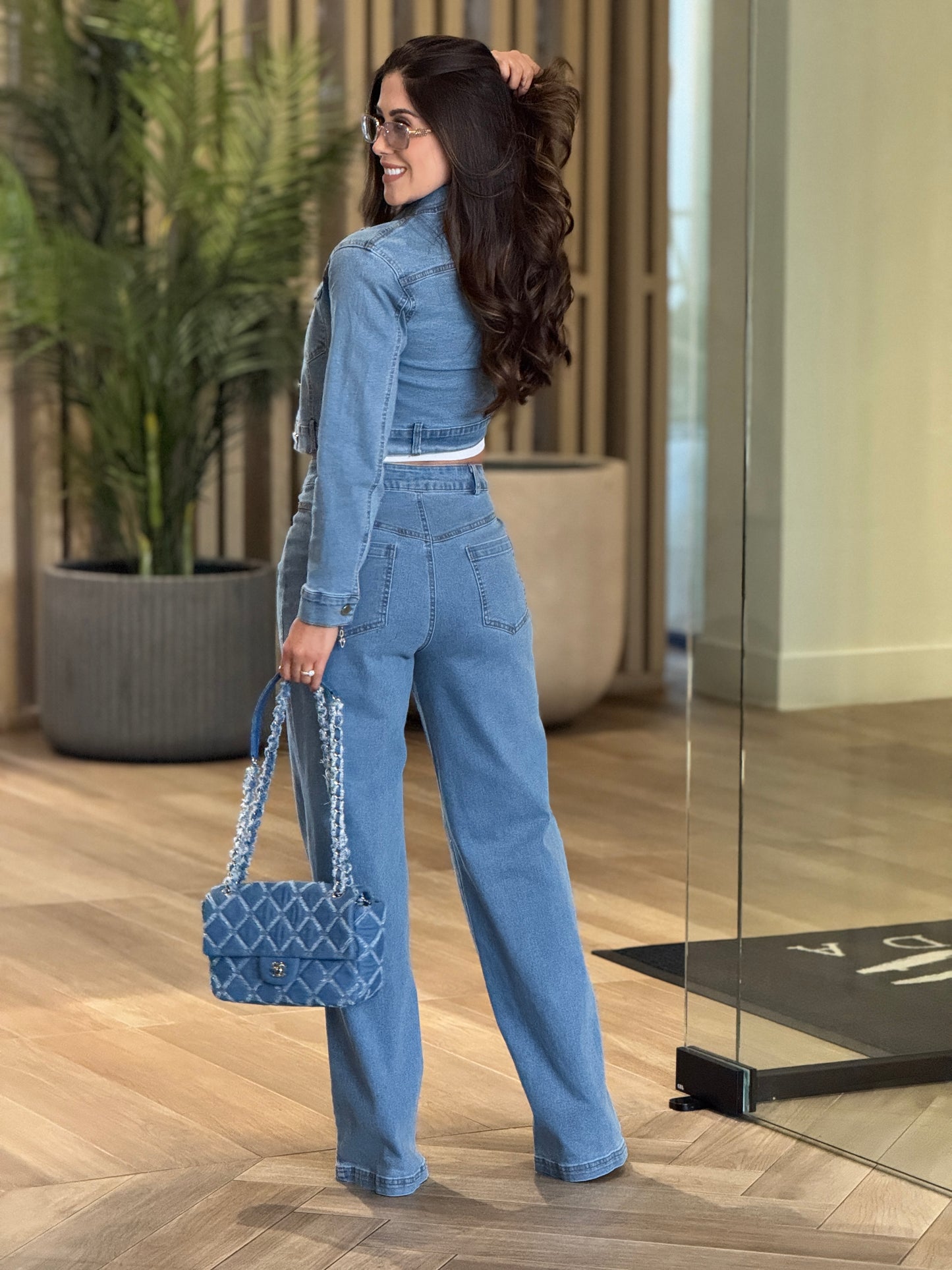 Chic Light Denim Rhinestone Jacket+Jeans Set