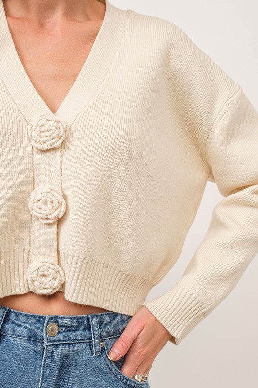 Caroline Beige 3D Flower Cardigan Top