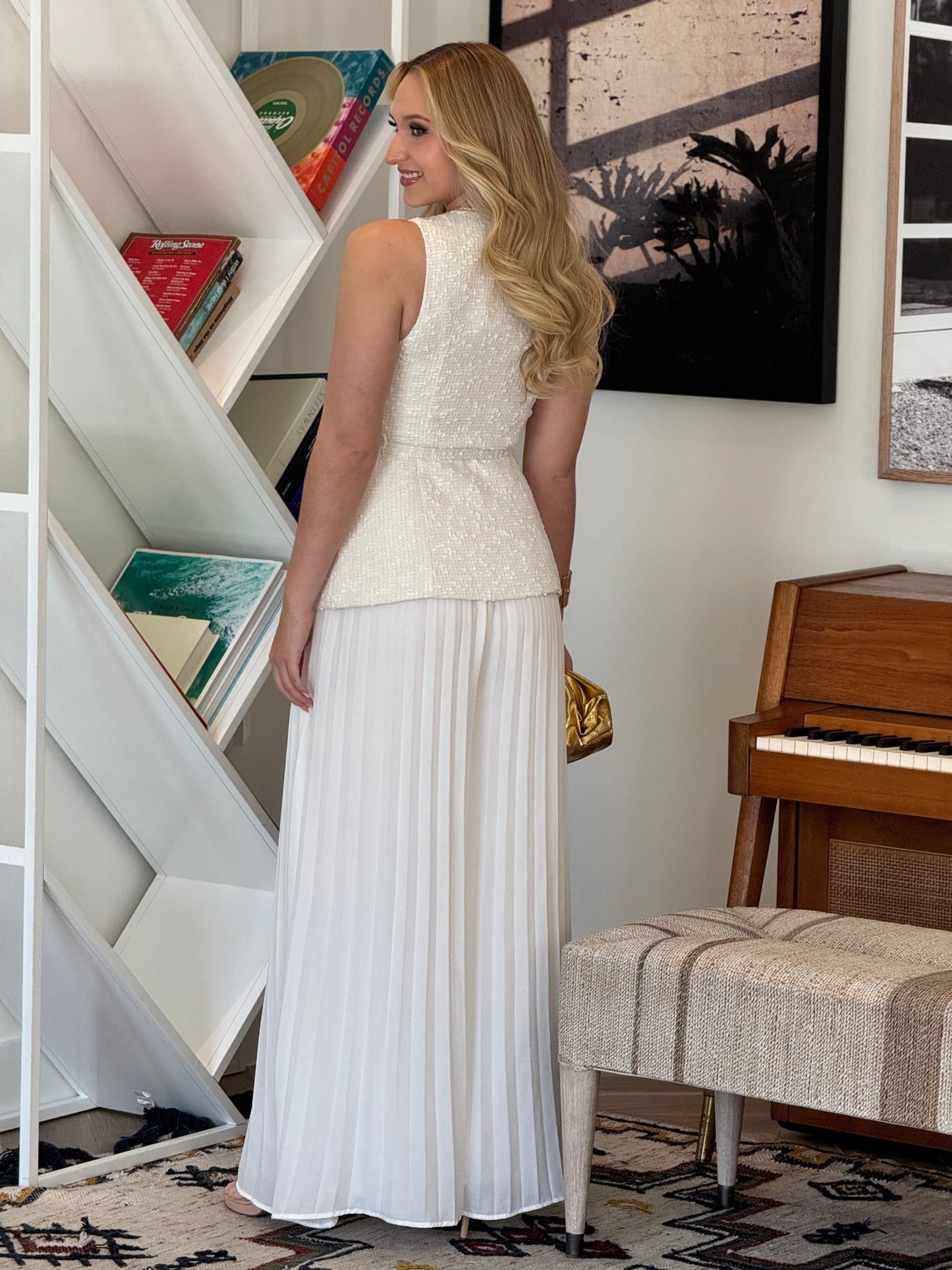 Cece White Tweed Pleated Set