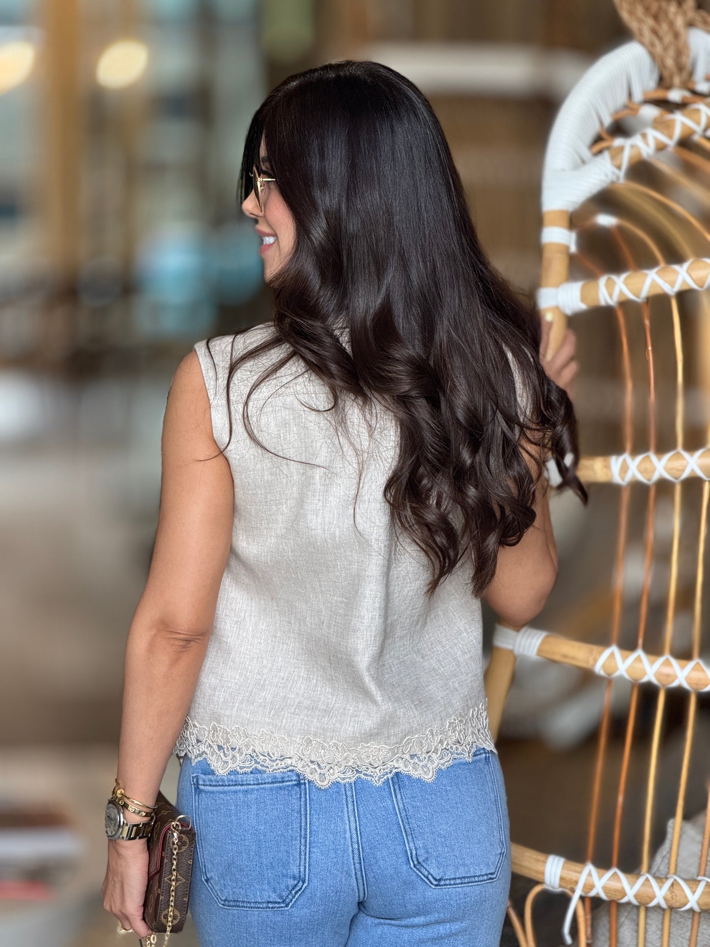 Tanny Beige Linen/Lace Vest Top