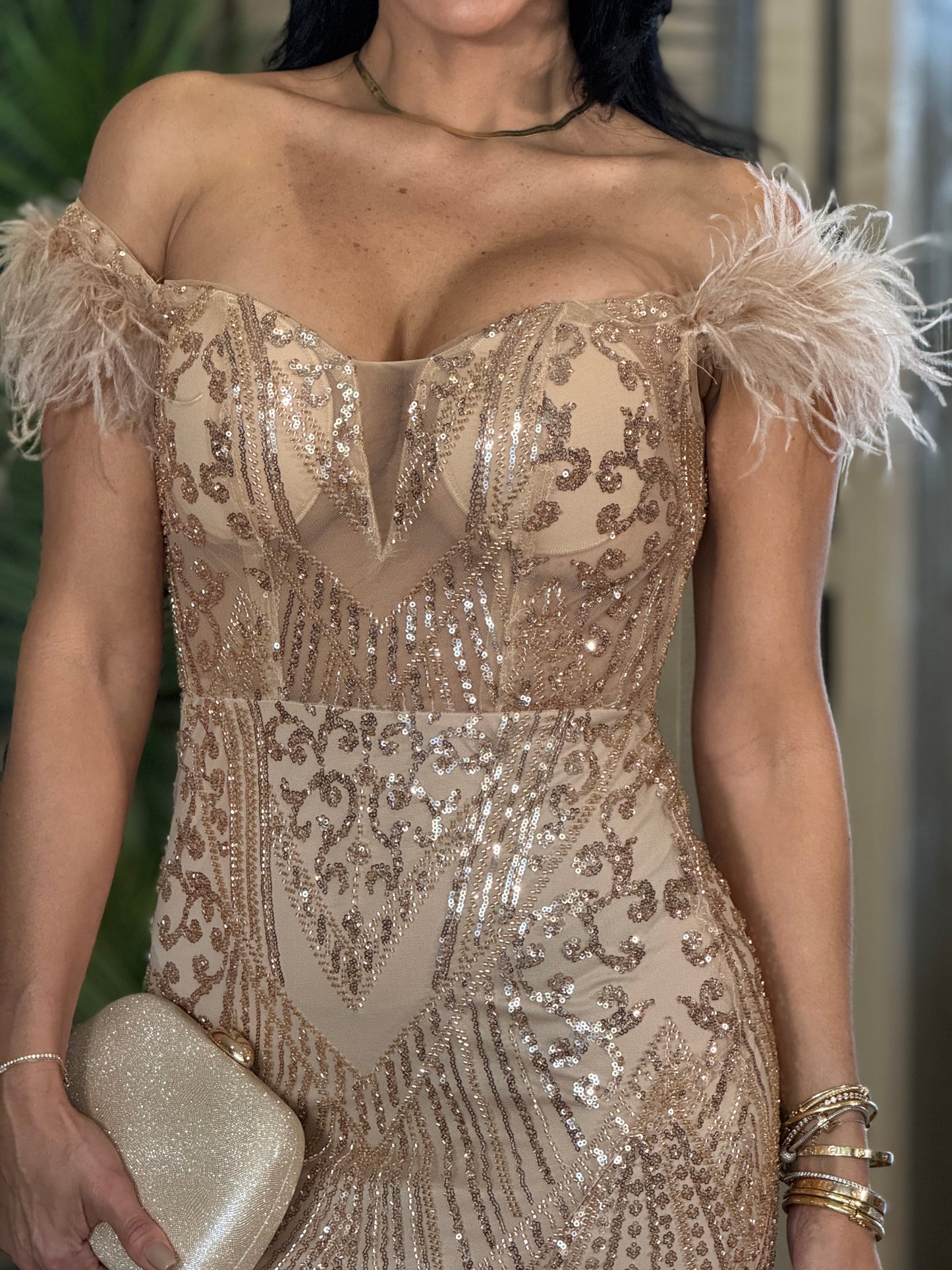 Norkys Rose-Gold Feather Dress Gala