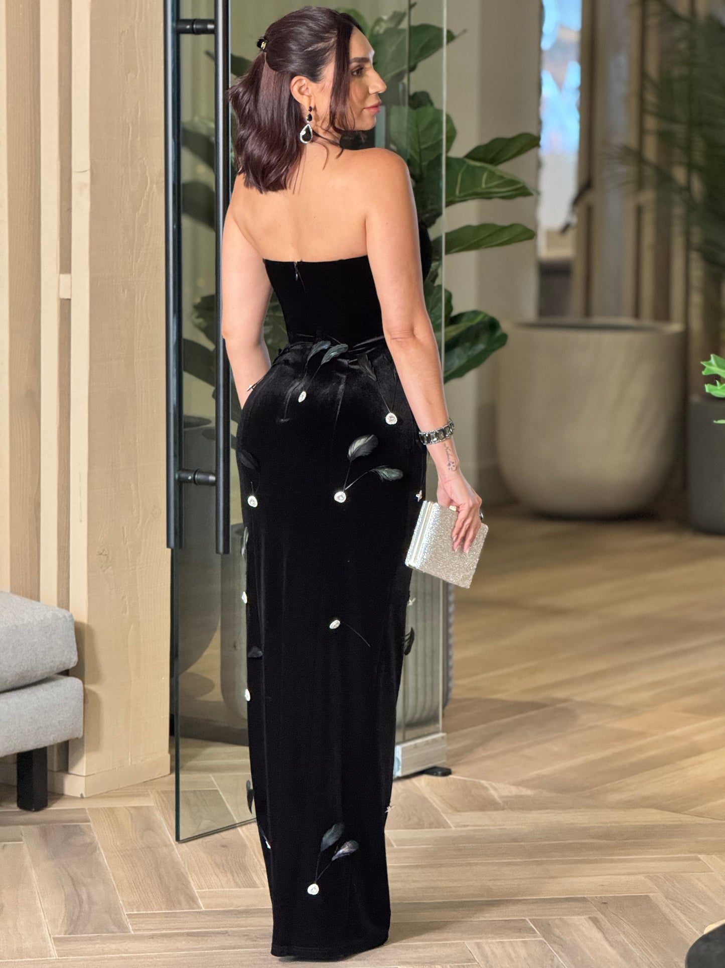 Astrid Velvet Feathers Black Dress Gala