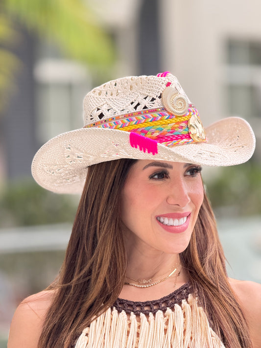 Boho Light White/Hot Pink Hat