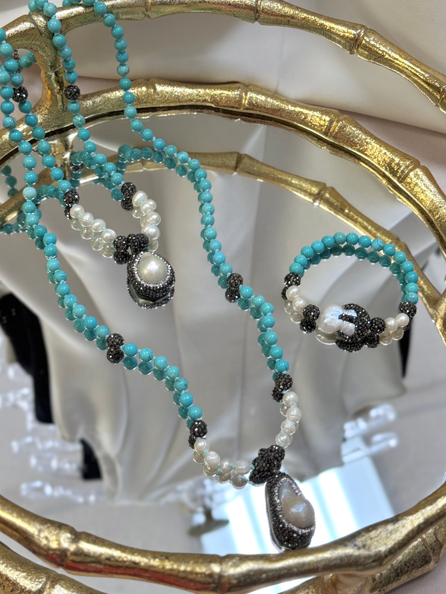 Turquoise Pearl Necklace + Bracelet