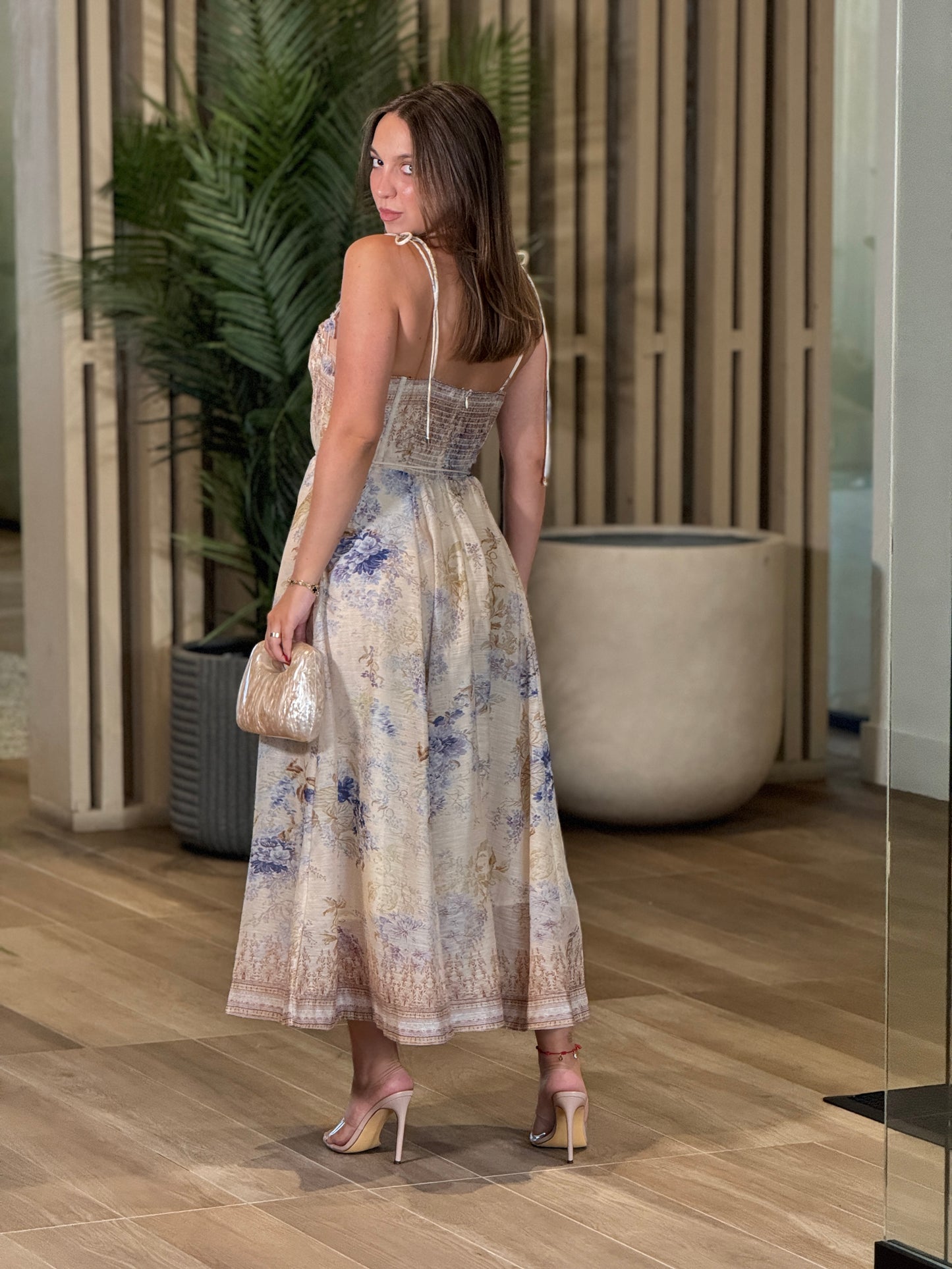 Gardenia Beige/Blue Bustier Floral Dress