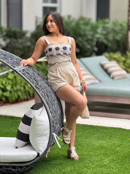 Amable Beige/Blue Torchon Jumpsuit