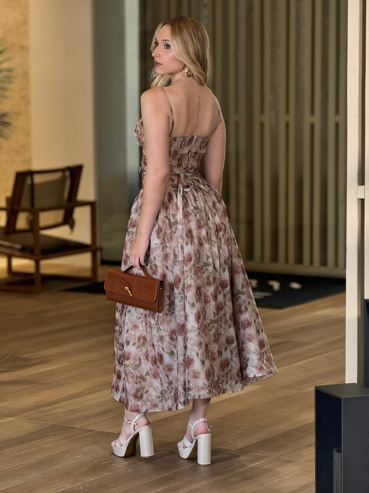 Amable Roses Print Bustier Dress