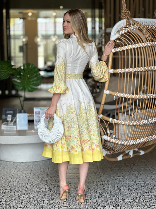 Gardenia Yellow Floral Midi Print Dress