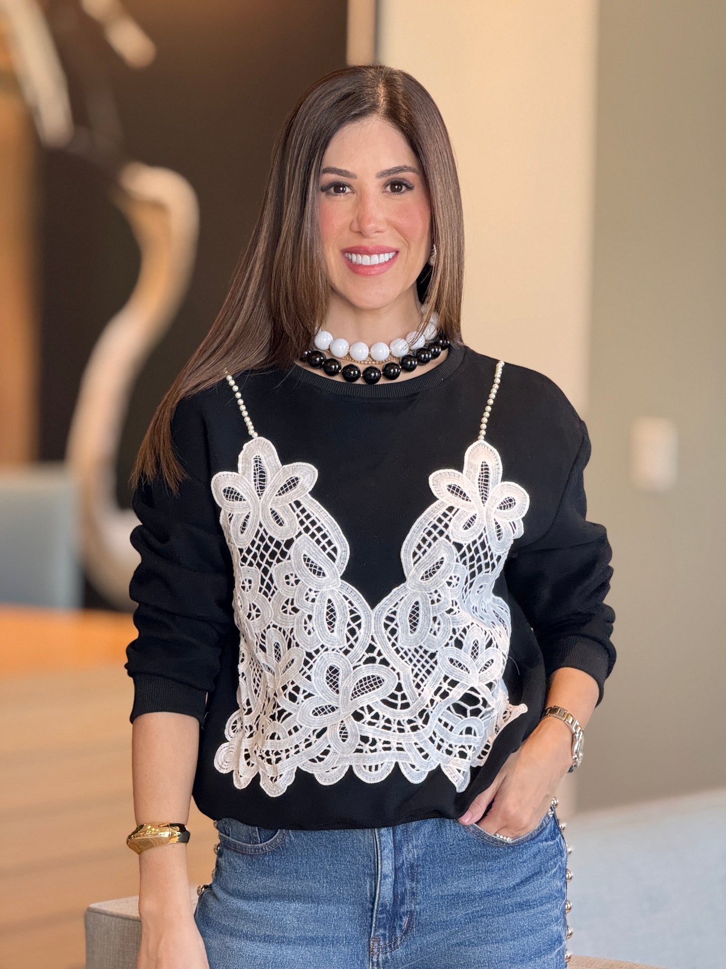 Justy Black/White Crochet Bra Top