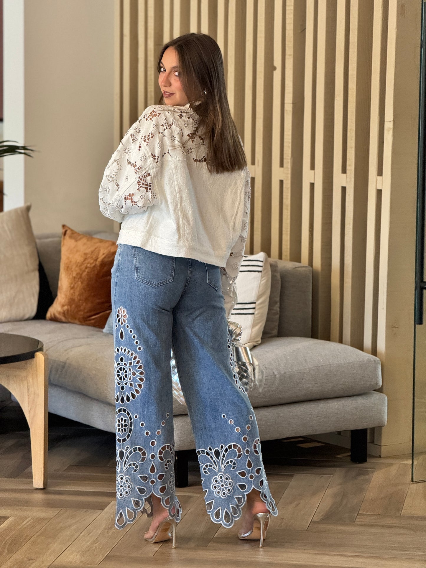 Corina White Torchon Denim Jacket Top