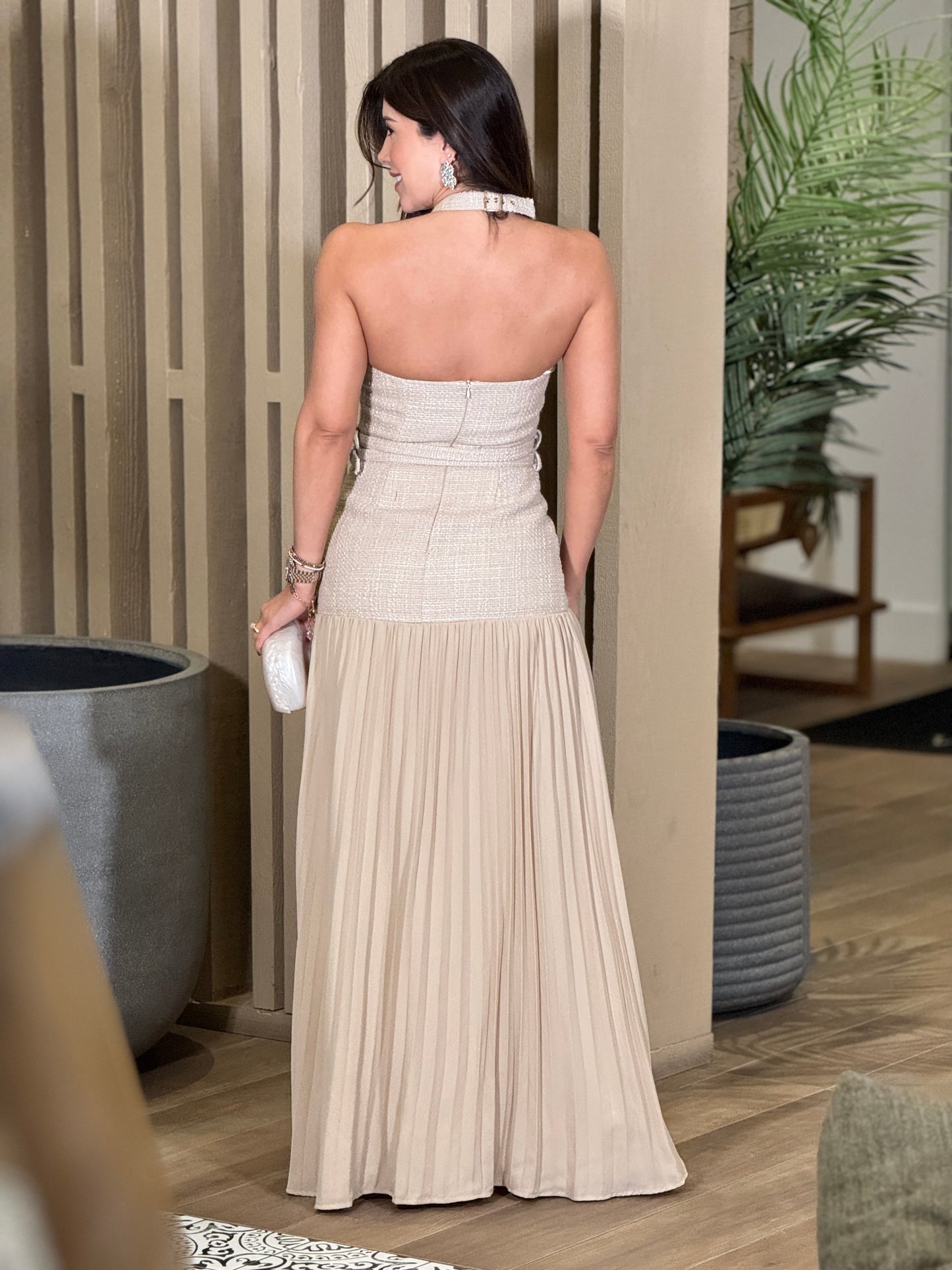 Brianna Beige Tweed Pleated Dress