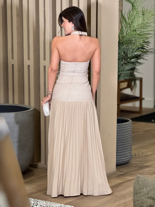 Brianna Beige Tweed Pleated Dress