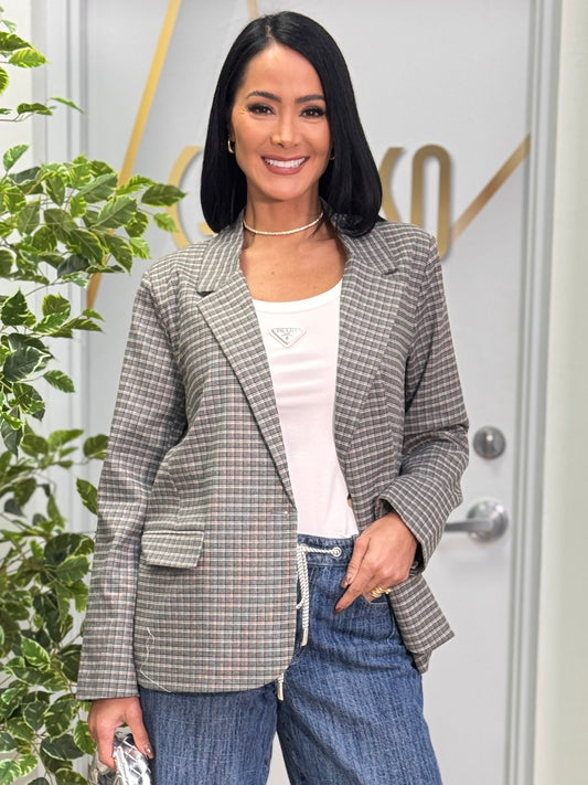 Amber Gray Plaid Blazer Top