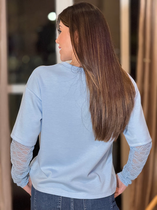 Italy Blue Lace Sleeve T-Shirt
