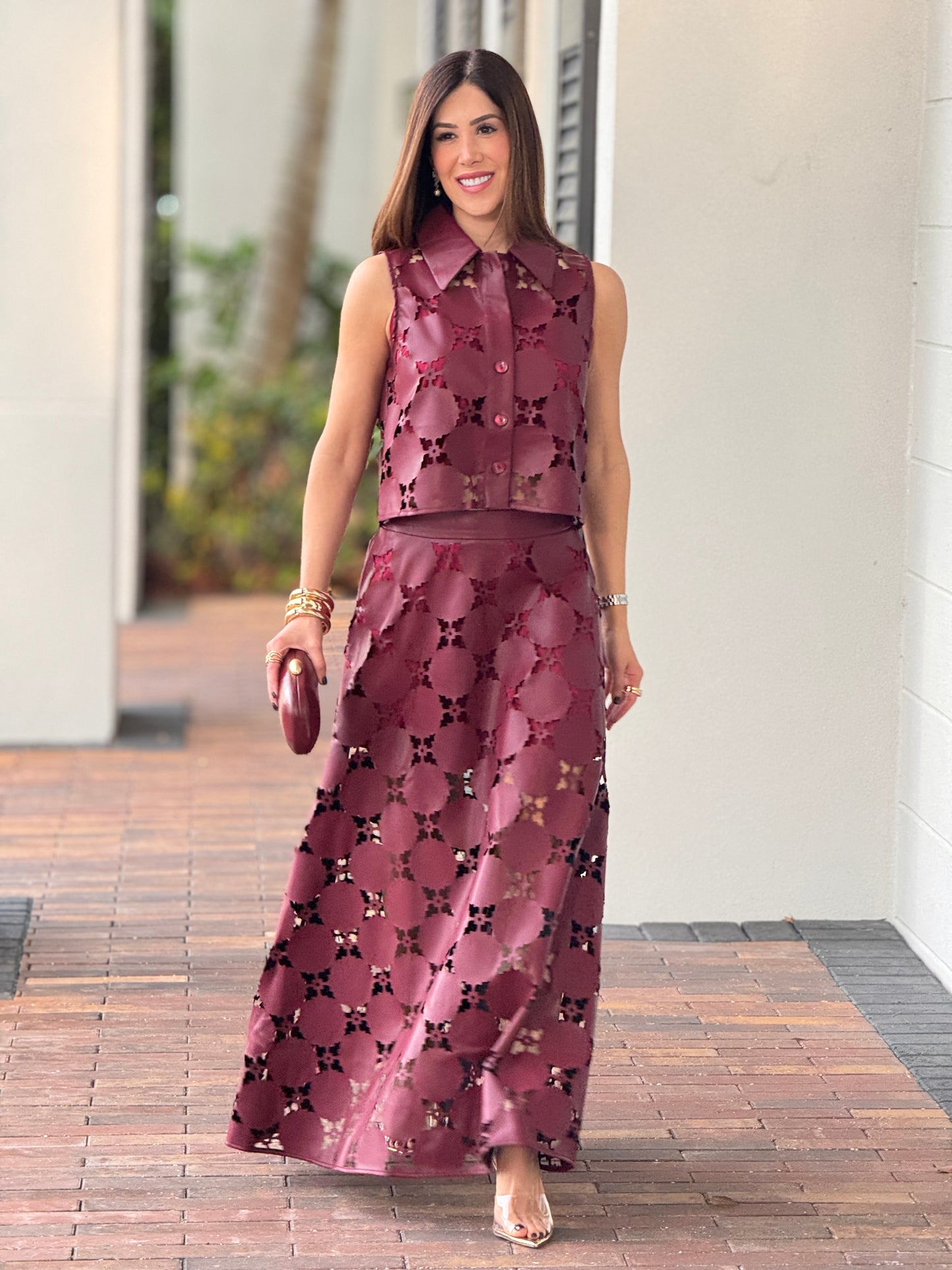 Chic Burgundy Leather Cutout Skirt Set