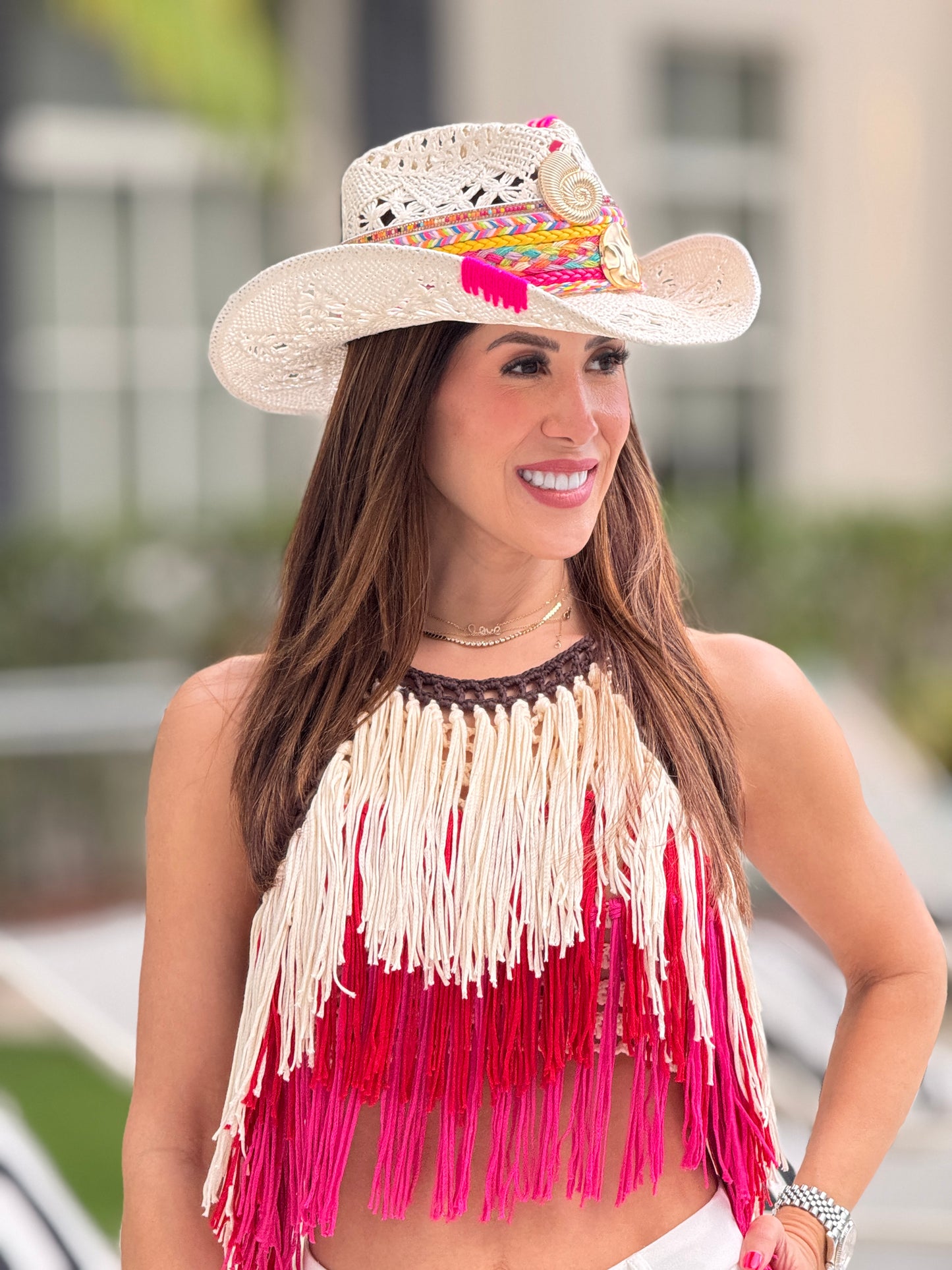 Boho Light White/Hot Pink Hat