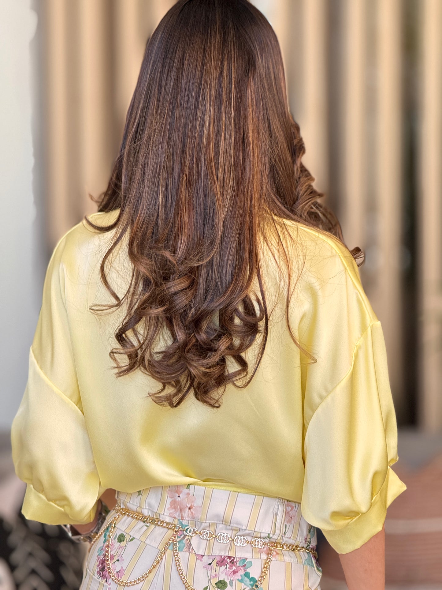 Italy Yellow Satin Cropped Shirt Top
