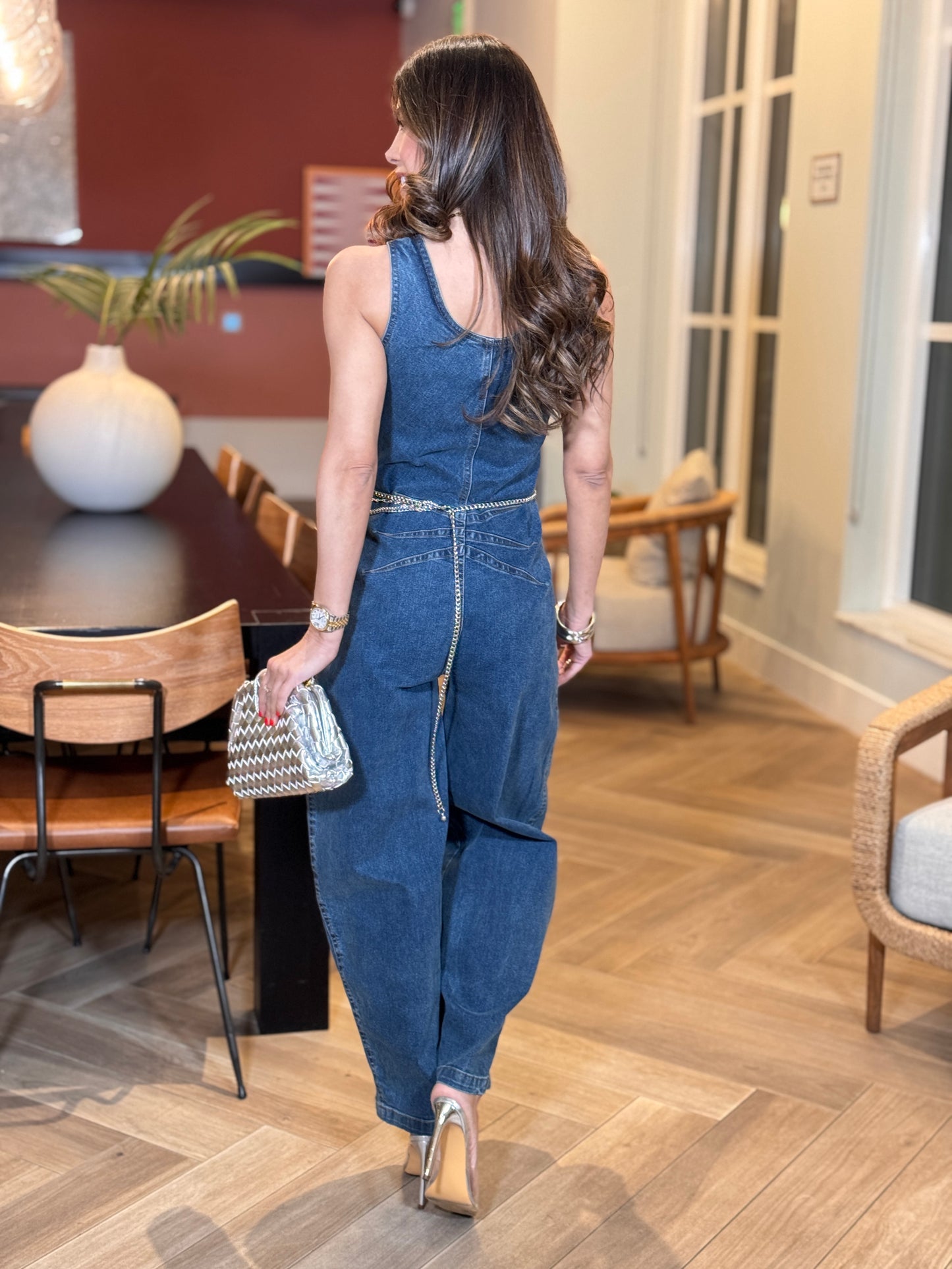 Erika Dark Denim Barrel Jumpsuit