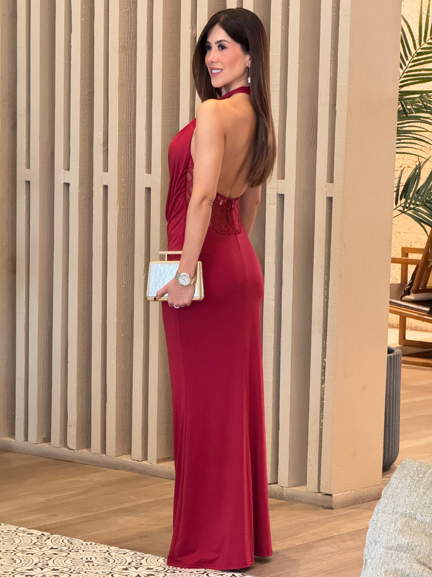 Luxxie Burgundy Lace High Neck Dress Gala